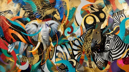 Abstract oil painting illustration showcasing whimsical interpretations of various animals, such as elephants, zebras, and horses, rendered in vibrant colors and adorned with golden embellishments. -