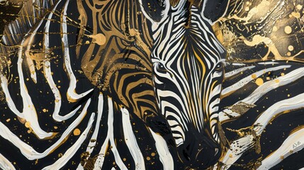 Abstract oil painting illustration showcasing striking zebra stripes adorned with intricate golden accents, evoking a sense of luxury and opulence.