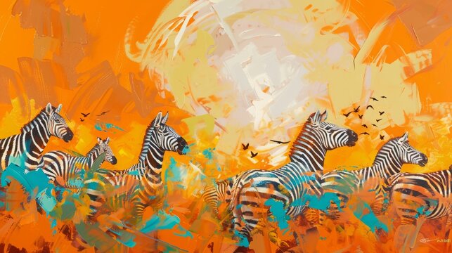 Abstract oil painting illustration portraying zebras roaming the African savannah, with the golden sun casting warm hues over the landscape and creating captivating patterns of light and shadow.