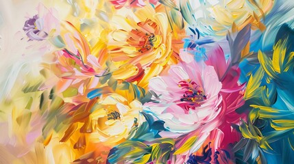 abstract oil painting, art piece featuring a symphony of colorful flowers and leaves dancing across the canvas, with accents of shimmering gold adding a touch of luxury.