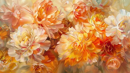 Abstract oil painting illustration of a luxurious bouquet of flowers, with each bloom exquisitely detailed and accented with shimmering golden hues - obrazy, fototapety, plakaty