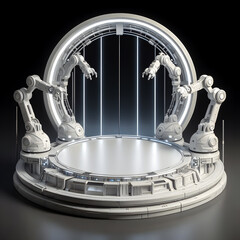 Futuristic round podium with industrial robot arms in front of stage lights, display or showcase mockup for product presentation