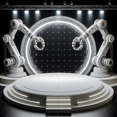 Futuristic round podium with industrial robot arms in front of stage lights, display or showcase mockup for product presentation - 780040675