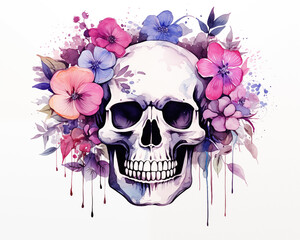 Skull in flowers. Watercolor drawing. White back