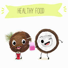 Cute coconut characters, funny fruits, characters with different activities. Flat vector illustration. Organic food, healthy food, illustrations for kids menu, invitations.