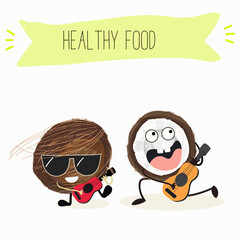 Cute coconut characters, funny fruits, characters with different activities. Flat vector illustration. Organic food, healthy food, illustrations for kids menu, invitations.