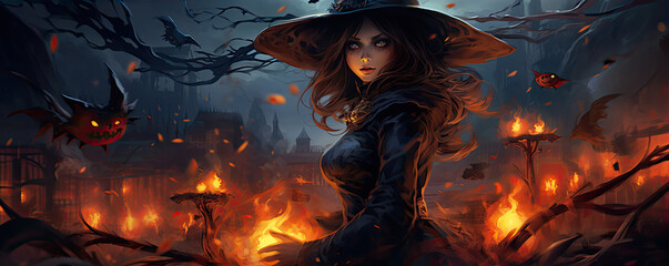 Magic witch with sorcerer ball on haloween background - obrazy, fototapety, plakaty