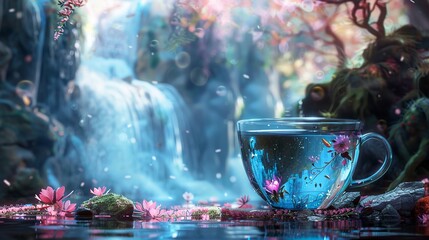 glass cup faded on one side from which flows an enchanted waterfall - obrazy, fototapety, plakaty