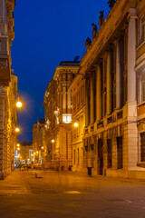 Night view of a historical street in the center of Italian city Trieste