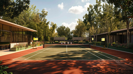 Tennis court surrounded by trees and benches - obrazy, fototapety, plakaty