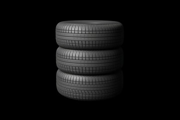 Fototapeta na wymiar A close-up stack of four car tires, with a focused view on the treads, against a dark background for a sleek and elegant presentation.