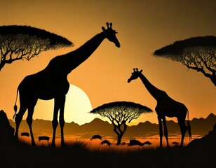 Fototapeta na wymiar Majestic giraffes stand against a vibrant orange african sunset, surrounded by acacia trees