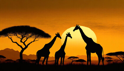 Serene silhouette of giraffes under an orange sky at sunset in the african savannah