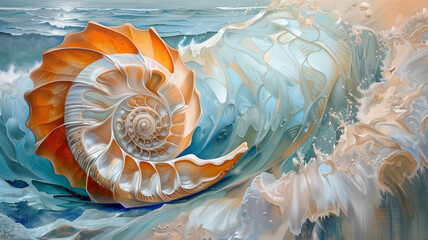 Realistic oil painting of orange and white shell