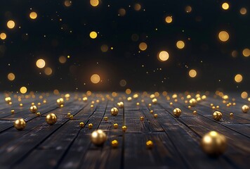 a group of gold balls on a wooden floor - obrazy, fototapety, plakaty