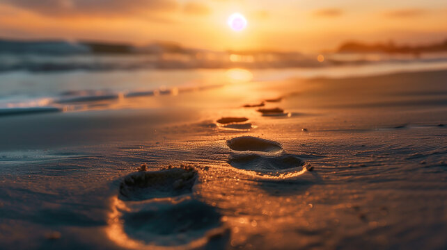 Footprints in the sand at sunset