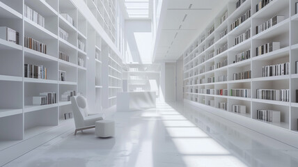 Room filled with white shelves and books