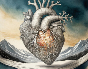 A highly detailed and fantasy drawing of a human heart  against mountains. sketch on a regular white paper