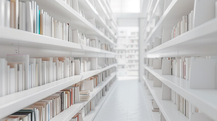 White library shelves filled with books