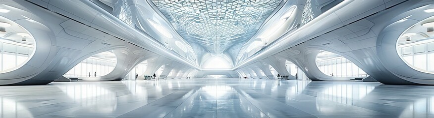 Obraz premium Modern Architecture with Bright Indoor Space, White Hall and Futuristic Design, Abstract Urban Perspective