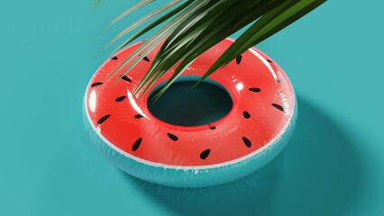 Watermelon inflatable rubber ring on turquoise blue background. Summer travel concept. 3D Rendering, 3D Illustration