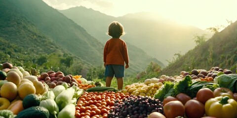 Child back view standing among mountains of fresh fruits and vegetables. Concept of children nutrition. Foods that lift immunity in kids Generative AI - obrazy, fototapety, plakaty