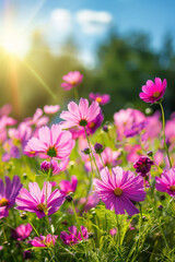 Pink Cosmos Flower in Spring with beautiful Bokeh effect 