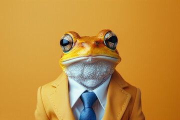 Anthropomorphic frog in a business suit with a blue tie, on a solid yellow background. Generative AI