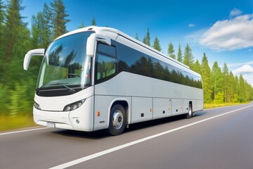 Touristic coach bus on highway road intercity regional domestic transportation driving urban modern tour traveling travel journey ride moving transport concept public comfortable passengers shuttle