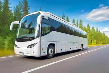 Fotobehang Touristic coach bus on highway road intercity regional domestic transportation driving urban modern tour traveling travel journey ride moving transport concept public comfortable passengers shuttle © Yuliia