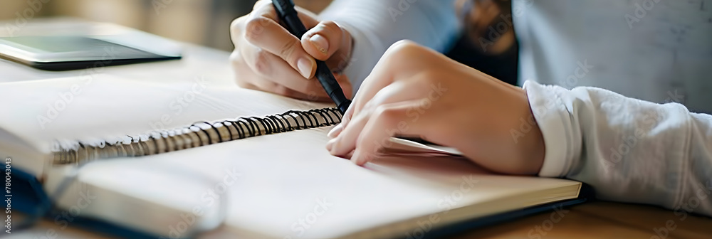 Poster Focused Writer Jots Down Important Notes in an Open Notebook With a Pen