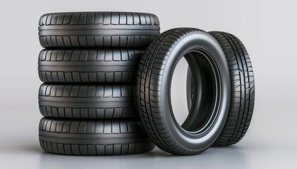 Six stacked new car tires isolated against a white background, emphasizing the detailed tread pattern for grip and safety.