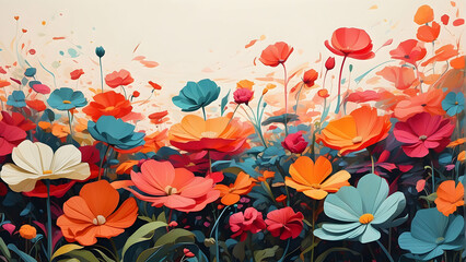 An explosive abstract floral composition featuring a multitude of colorful wildflowers with an...