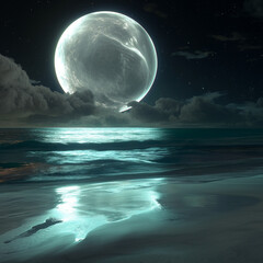Luminous Moonlight Reflection on a Tranquil Ocean Beach at Night