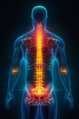 Back pain illustration, red highlight on spine. Medical image, glowing blue body with X-ray effect on lower back.