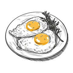 Fried egg on a flat plate for breakfast, sketch drawing black and white