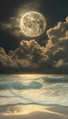 Fototapeta na wymiar Surreal Seascape with Glowing Full Moon and Clouds