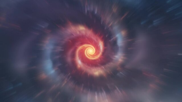 Spiral galaxy in space with flashes and rays. Rotating Nebula space animation, 4k