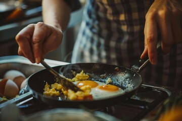 Close-up of hands cooking scrambled eggs with a sunny side up egg in a frying pan.