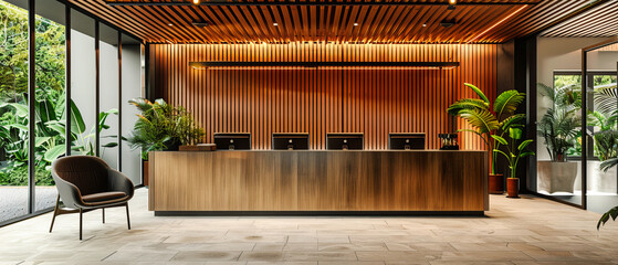 Modern Business Lobby with Elegant Furniture, Contemporary Interior Design, Luxury Hotel or Office Building