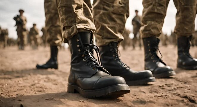 Boots of a soldier at military training.