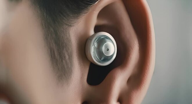 Hearing aid in one ear.