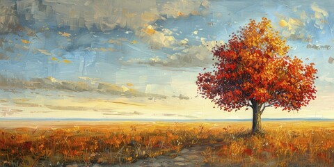An oil-painted lone tree in a vast field, ablaze with autumn hues, symbolizes resilience and change.