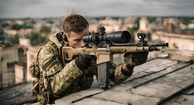 Sniper soldier aiming.