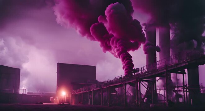 Factory with lilac smoke. Feminism concept.