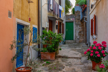 Colorful street in the center of Slovenian town Piran