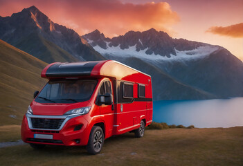 Obraz premium Caravan camping in mountain nature. Lifestyle, traveling concept.