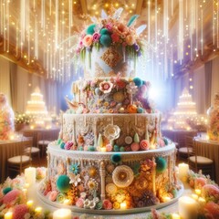 Large festive cake elaborately decorated for celebrations