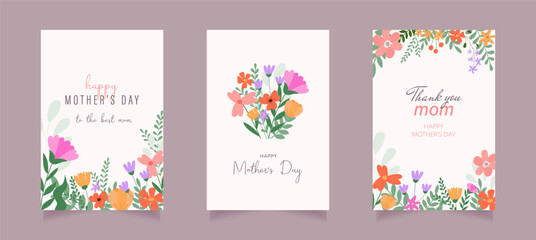 Set of Happy Mother's Day greeting cards with beautiful colorful flowers. Editable vector template for greeting card, poster, banner, invitation, social media post.	