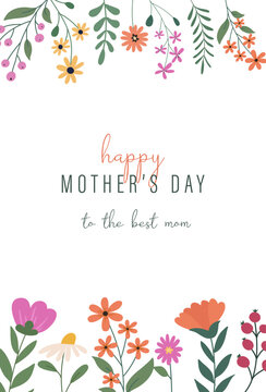 Happy Mother's Day greeting card with beautiful colorful flowers. Editable vector template for greeting card, poster, banner, invitation, social media post.	